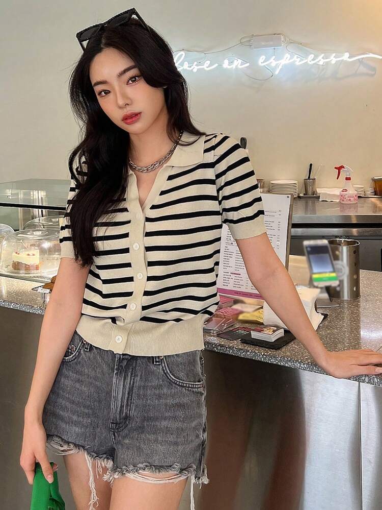 Women's Striped Short Sleeve Single-Breasted Casual Knit Cardigan
