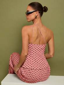 Set de 2 piezas de Top con hombros y pantalones a lunares para mujer, uso casual minimalista de todos los días - Rosa - Ver 5