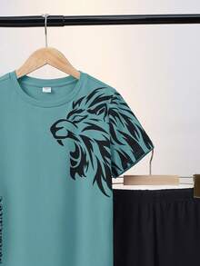SHEIN 2pcs Tween Boys' Casual Lion Graphic T-Shirt And Shorts Set, Summer Loungewear - Green - View 3
