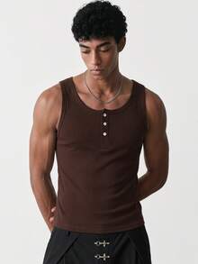 SWAVVY Men's Casual Sleeveless Half-Zip Breathable Tank Top - Coffee Brown - View 3