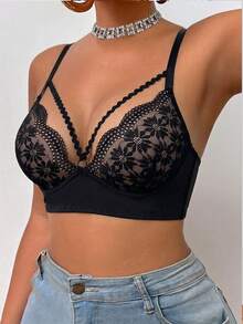 DesireSculpt 1pc Lace Wireless Bra For Women - Black - View 3