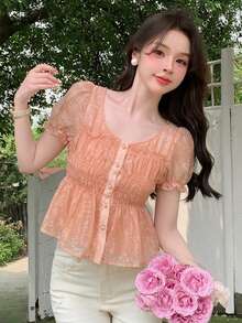 DAZY 女款單排扣短澎澎袖荷葉邊飾襯衫 夏季 - 粉色 - View 6