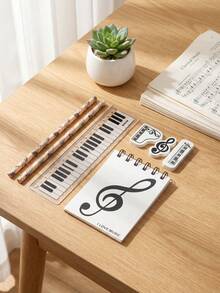 Joivida 1Pc/3Pcs Stationery Set, Holiday Event Gift, Piano Note Theme, Combo Including Pencils, Rulers, Erasers And Notebooks With Black-And-White Keyboard Patterns - Multicolor - View 8