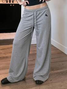 SHEIN EZwear 女士刺绣抽绳腰带休闲宽松运动裤 - 淺灰色 - 查看 9