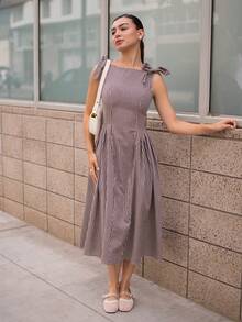 Andrea Bello Casual Plaid Cinched Waist Ruched Fitted Dress Elegant Summer - Coffee - View 5