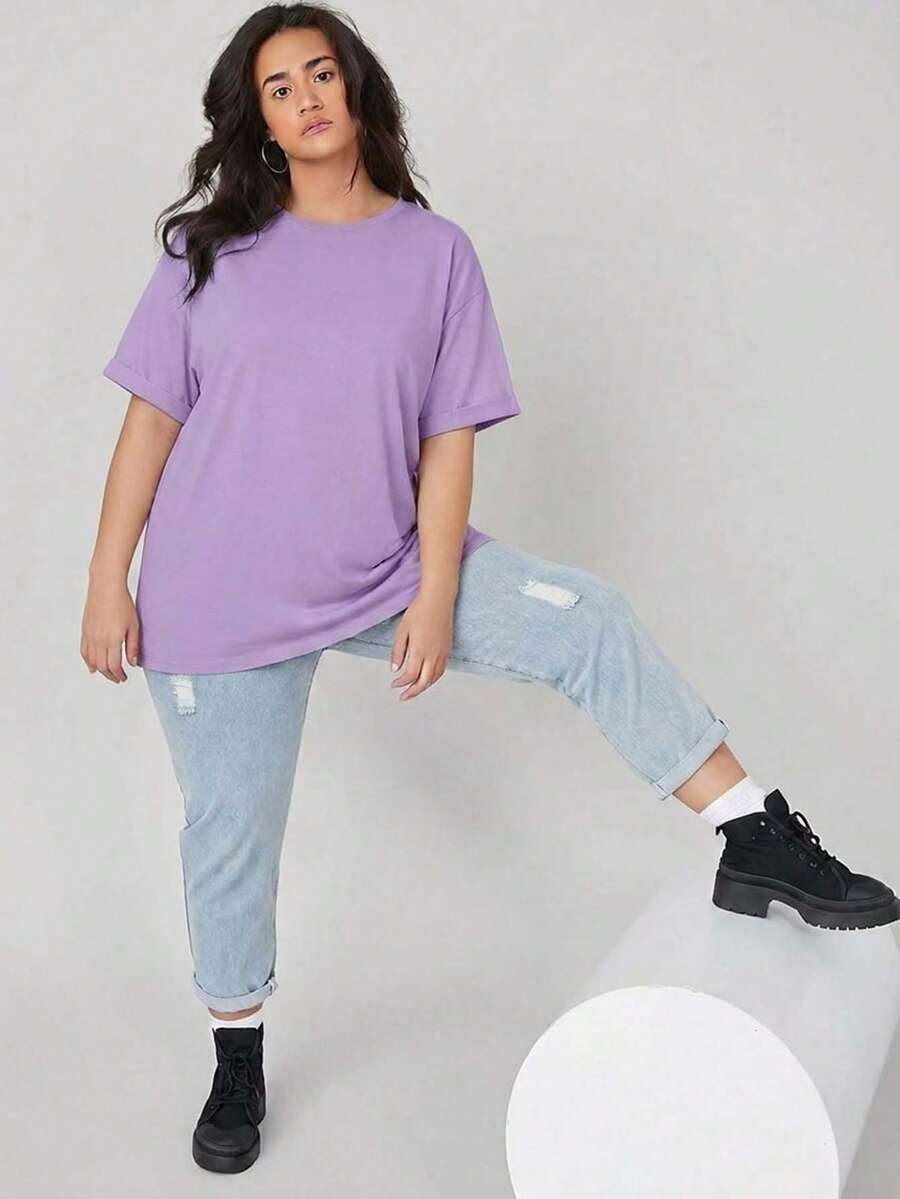 SHEIN BASICS 大码女式纯色圆领短袖休闲宽松T恤 - 紫色 - 查看 1