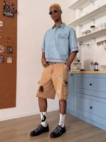 STEELVANCE Áo sơ mi denim ngắn tay nam tay ngắn, thêu họa tiết sọc xanh dương, phong cách đường phố thường ngày. - Rửa nhẹ - Xem 3