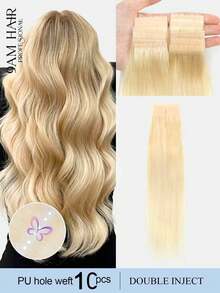 10Pcs Double Inject Hole Weft Hair Extension, Platinum Blonde Color Twin Tab, Natural Pull Through Micro Hair, Natural Look Hairpiece For Salon Natural High Quality Real Remy Human Hair - Multicolor - View 1