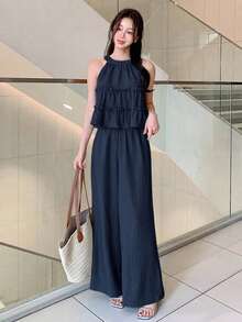 DAZY Conjunto de 2 piezas para mujer con top sin mangas con volantes y pantalones de pierna ancha en color azul marino liso para primavera y verano - Azul Marino - Ver 3