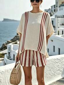 SHEIN Holidaya Bộ đồ nữ dáng rộng, cổ tròn, tay ngắn, kẻ sọc dọc, kiểu dáng thường ngày. - Nhiều màu - Xem 1