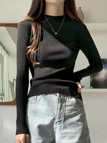 DAZY Mock Neck Ribbed Knit Jumper - Black - View 2