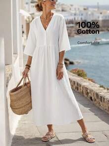 Faunlyn Women's Solid Color Minimalist Modest V-Neck Long Sleeve Dress, Casual Everyday Wear Holiday Vacation White Summer Cotton And Linen Dresses - White - View 2