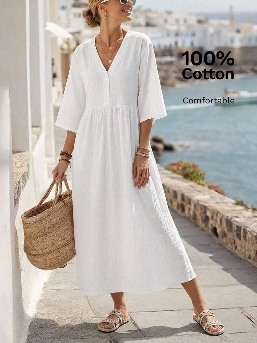 Faunlyn Women's Solid Color Minimalist Modest V-Neck Long Sleeve Dress, Casual Everyday Wear Holiday Vacation White Summer Cotton And Linen Dresses