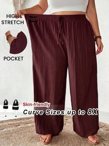 SHEIN CURVE+ 大尺碼女款春夏商務休閒海灘套裝，時尚通勤優雅紫色蓮藕粉寬腿口袋長褲，海灘度假穿搭 - 紫紅色 - 查看 3