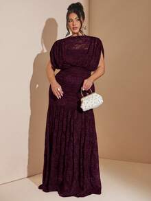 SHEIN BAE Plus Size Women Dark Purple Lace Dress Formal Wedding Winter Elegant - Red Violet - View 3