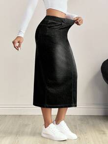 Flexra Plus Size Women Casual Versatile Everyday Denim Skirt With Pockets - Black - View 4