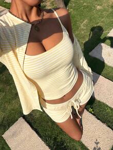 Muchica Conjunto de top y shorts de punto a rayas mostaza para mujer - amarillo ganso - Ver 6