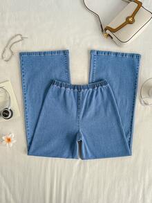 Mori Grove Mori Grove Women's Solid Color Elastic Waist Straight Loose Casual Wide Leg Jeans Travel Light Blue Summer - Blue - View 4