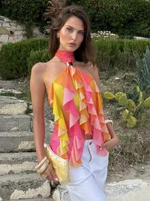 Aloruh Women's Elegant Multi-Layer Ruffle Trim Stand Collar Fitted Tank Top - Multicolor - View 6