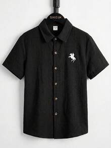 SHEIN Kemeja Polo Lengan Pendek Kasual Minimalis Nyaman untuk Anak Laki-Laki Usia Remaja - Hitam - View 3