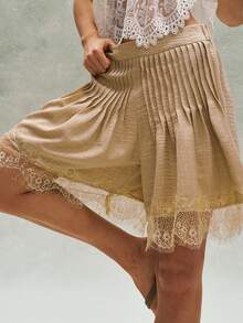 Bohemela Casual Solid Color Woven Contrast Lace Trim Loose Women Shorts - White - View 3