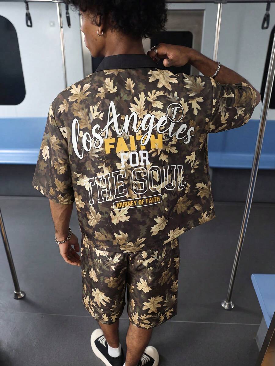 PAVTROS Manfinity Streetrush Men Allover Print Short Sleeve Shirt & Shorts Two Pieces Outfit Street Wear, For Back To School - Multicolor - View 1