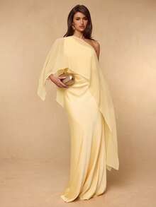SHEIN BAE Đầm satin màu vàng kem trơn, dáng ôm, thích hợp cho mùa xuân và hè, kết hợp với khăn choàng vai bất đối xứng, kiểu dáng thanh lịch cho tiệc cưới, dự tiệc cocktail hoặc trang phục dự đám cưới. - Màu vàng - Xem 1