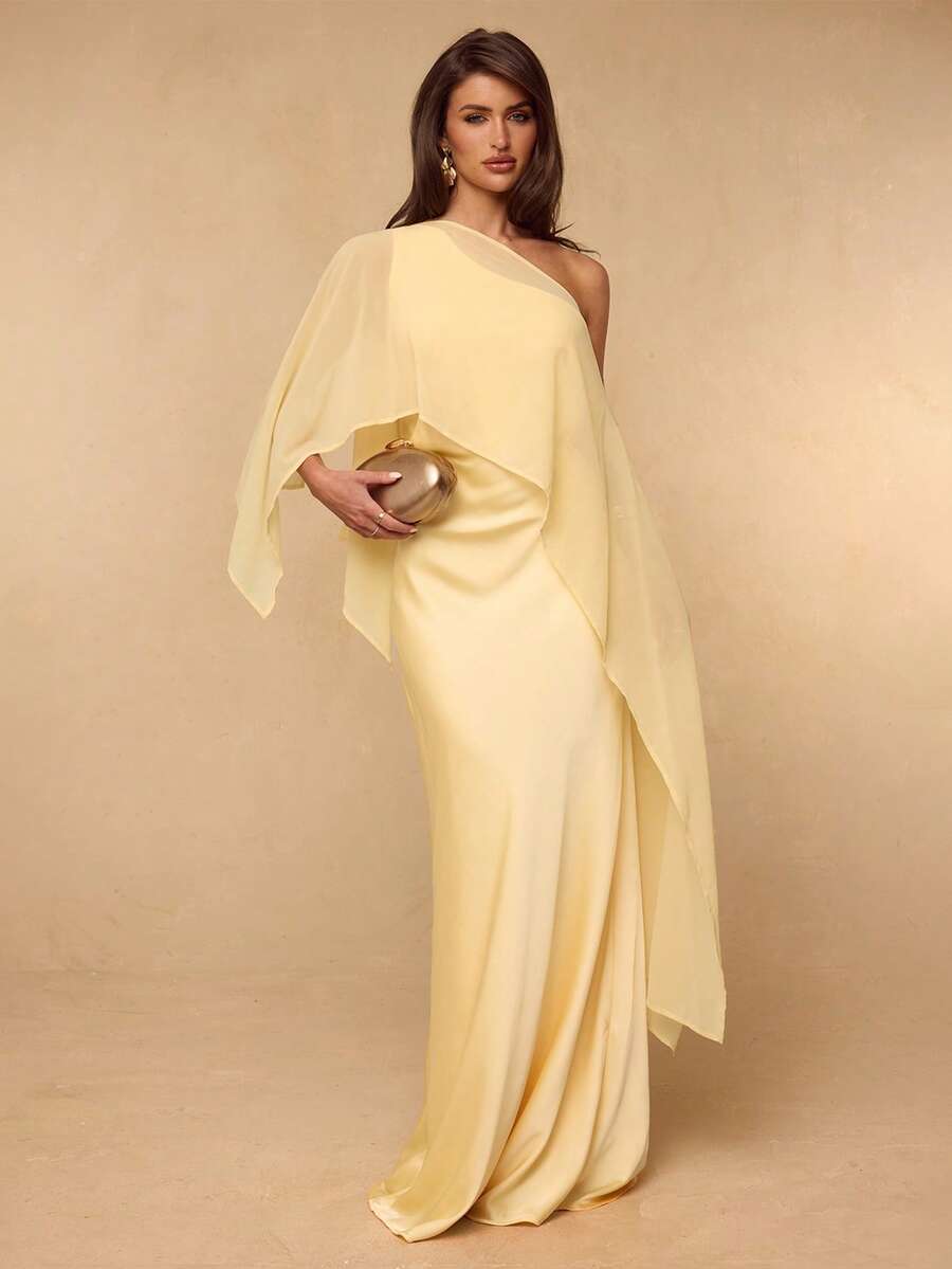 SHEIN BAE Đầm satin màu vàng kem trơn, dáng ôm, thích hợp cho mùa xuân và hè, kết hợp với khăn choàng vai bất đối xứng, kiểu dáng thanh lịch cho tiệc cưới, dự tiệc cocktail hoặc trang phục dự đám cưới. - Màu vàng - Xem 1