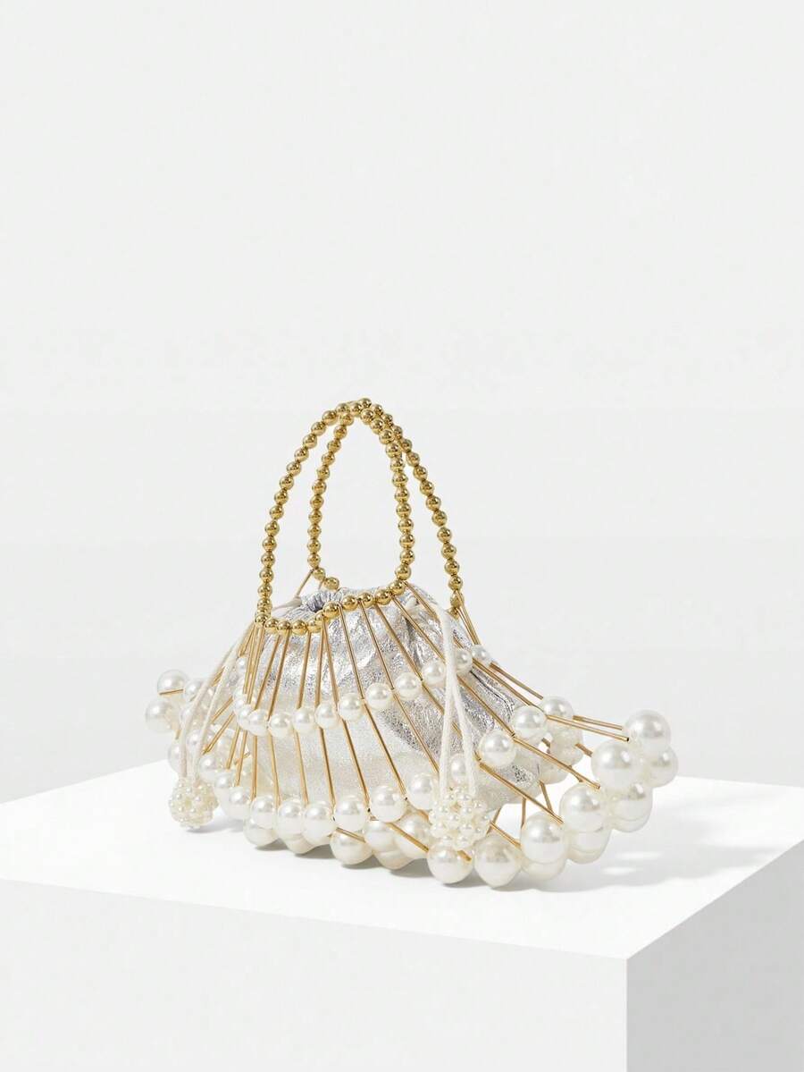 MOTF LADIES HANDBAG, PEARL HANDMADE DINNER BAG - Beige - View 2