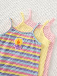 Cozy Pixies Baby Girls 3-Piece Knit Striped&Solid Floral Dress Set,Cute Vacation Style,Spaghetti Strap Fitted Suitable For Spring/Summer Outings, - Multicolor - View 7