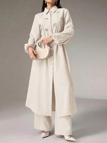 Modelyn Women's Rhinestone Decor Drawstring Waist Long Sleeve Long Shirt And Pants Casual 2-Piece Set - Apricot - View 5