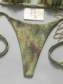 Swim Vcay 女款夏季海灘度假塗鴉印花掛脖綁背性感丁字褲比基尼套裝 - 綠色 - 查看 4