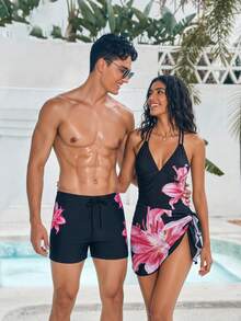 Manfinity Swimmode 夏季男士花卉印花泳褲，黑色飄逸熱帶度假海灘夏威夷泳短褲，適合度假約會情侶 - 黑色 - 查看 2