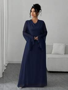 Elenzga Plus Size Women's Elegant Traditional Waist Cinched Long Sleeve Hooded Dress, Suitable For Autumn Outings, Wedding Fall Evening Formal Navy Blue - Navy Blue - View 5