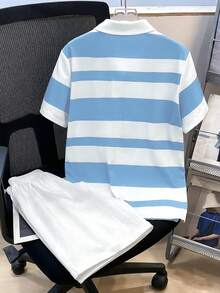 SHEIN 男童休闲条纹领 Polo 衫和白色短裤运动裤套装（2 件/套），适合返校、生日、派对、婚礼、洗礼、开幕式、旅行、运动、春夏等多种场合。 - 藍色 - 查看 3
