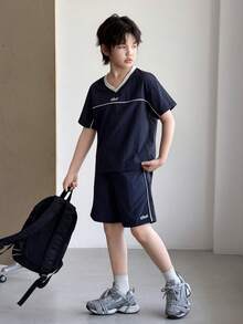 DAZY 青少年男孩V領寬鬆撞色短袖上衣與短褲套裝，夏季男孩襯衫套裝 - 藏蓝色 - 查看 5
