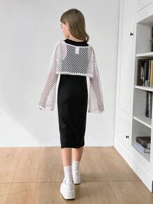SHEIN Serisse Kids Tween 女童纯色针织窄肩修身长款休闲连衣裙 + 宽松网纱罩衫 2 件套，黑色，通勤，学院风，淑女，甜美酷炫少女，潮流街头服饰 - 黑色 - 查看 4