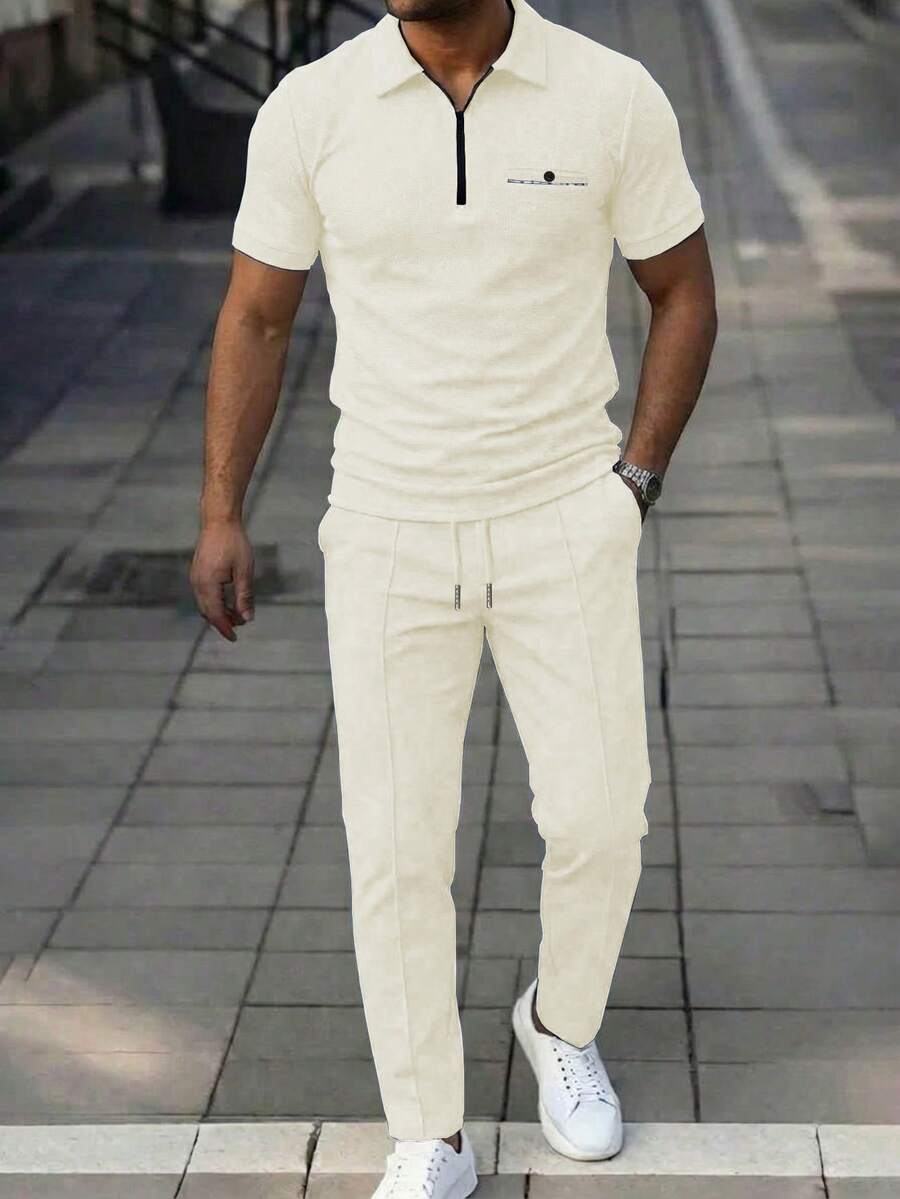 Manfinity Homme Solid Color Regular Shoulder Short Sleeve Front Button Casual Daily Outfit - Beige - View 1