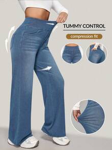 SHEIN PETITE Quần Jeans Ống Rộng Dáng Rộng Có Túi Lưng Thun Cho Nữ - Rửa nhẹ - Xem 7