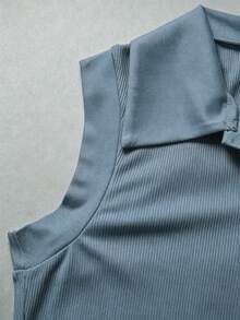 Elegante body versátil con cuello vuelto y media cremallera en punto blanco, body de mujer para primavera/verano, vacaciones y playa - Niebla azul - Ver 3