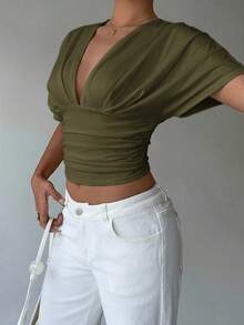 Aloruh Ivory Deep V Ruched Short Sleeve Tight Bottom Loose Top T-Shirt For Women,Summer Top - Army Green - View 4