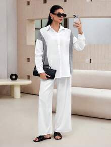 Mulvari Women's Gray White Splice Long Sleeve Blouse, Loose Fit Casual Shirt For Work Office Autumn - White - View 4