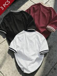 Manfinity EMRG 3pcs Men's Summmer Black And White Striped Pinstripe Baseball T-Shirt,Letter Print Crew Neck Short Sleeve Streetwear City Break Vintage Y2K Casual Tee - Multicolor - View 2