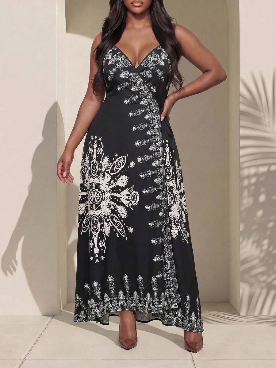 Truni Plus Size Women Summer Floral Print Asymmetrical Hem Cami Dress - Black - View 1
