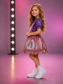 Vestido de princesa Lara para niña, disfraz de satén brillante con mangas abullonadas y top estampado de corazones para fiesta de cumpleaños. - Rosa - Ver 2