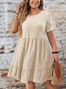SHEIN LUNE Plus Size Solid Color Round Neck Embroidered Casual Short Sleeve Dress, Summer - Apricot - View 6