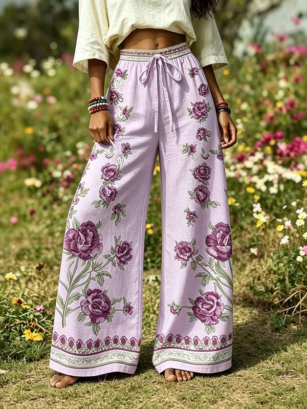 EMERY ROSE Quần ống rộng in hoa phong cách Bohemian thường ngày cho nữ size lớn