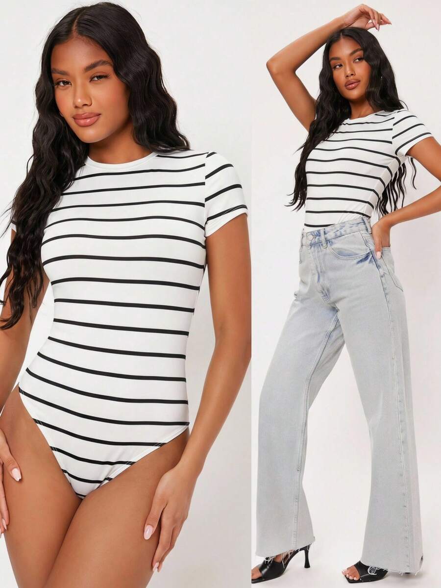 SHEIN BASICS Áo liền quần ôm nữ - Đen và trắng - Xem 1