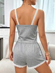 SHEIN Conjunto de pijama con top de camisa y pantalones cortos con lazo delantero de encaje en contraste - Gris - Ver 2