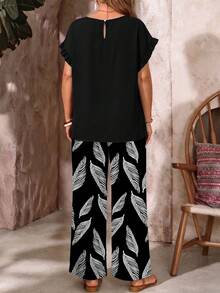 EMERY ROSE Plus Size Women Solid Color Short Sleeve Top And Botanical Print Wide Leg Pants Casual Alternative 2 Pieces Set Summer Outfit Vacation Black And White - Multicolor - View 2